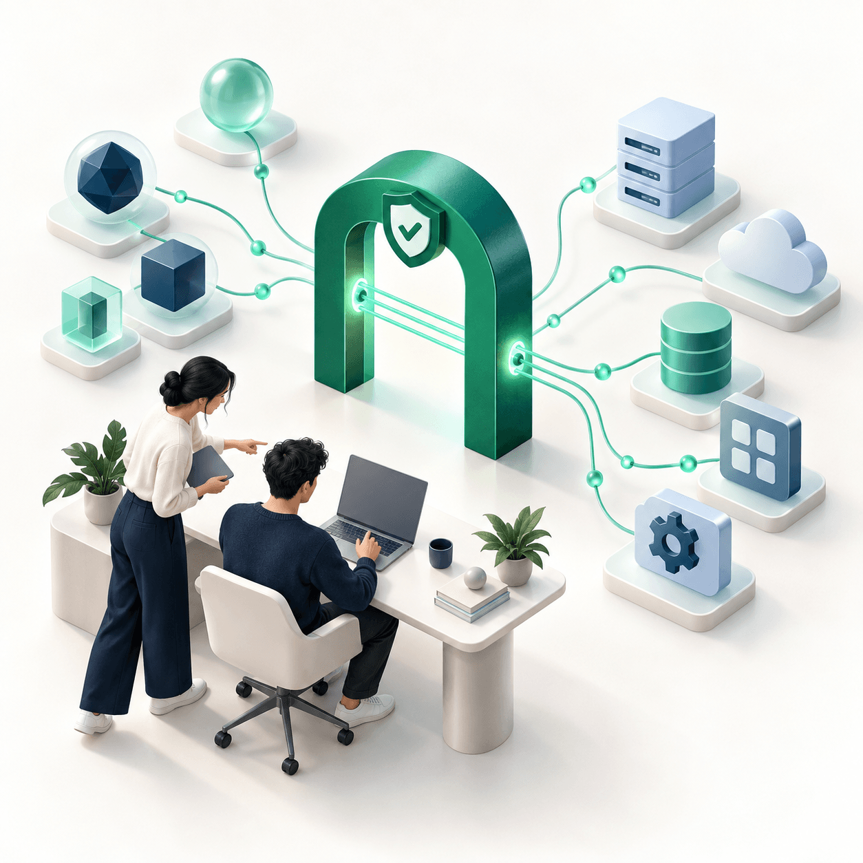 Two engineers collaborating beside a secure gateway connecting applications, data, and AI tools.